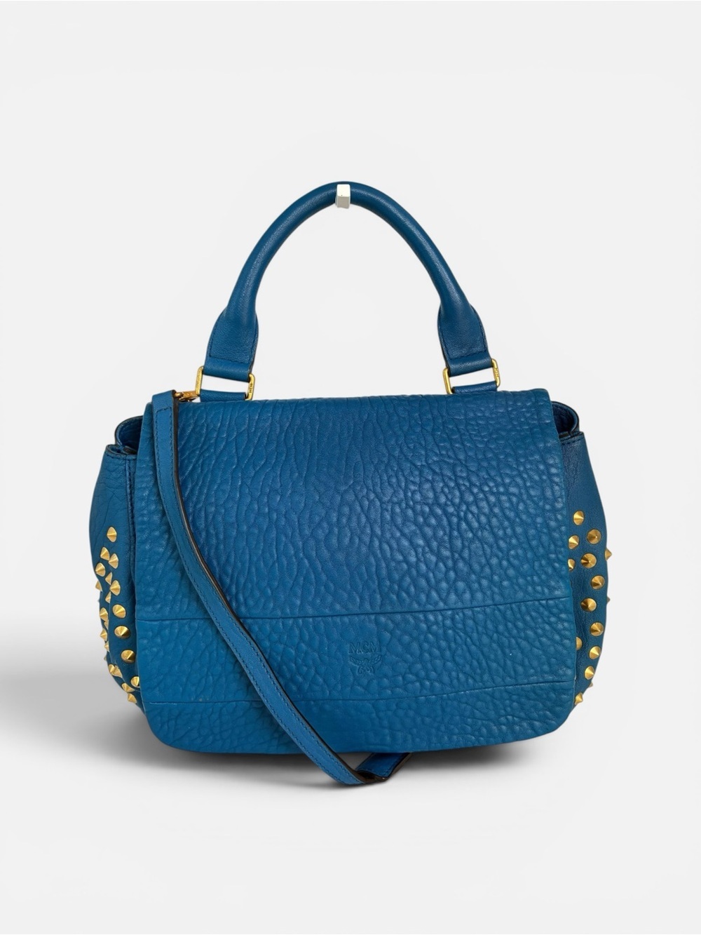 MCM Blue Pebbled Leather Studded Satchel Crossbody Bag Gold Hardware